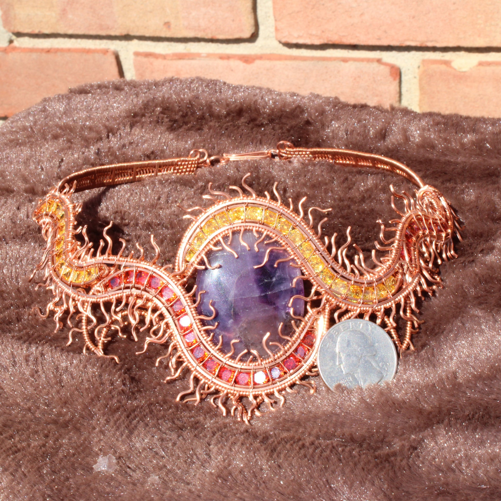 Centipede Choker Necklace Gothic Fantasy Wire Wrapped Jewelry with Colorful Stones and Amethyst Centerpiece