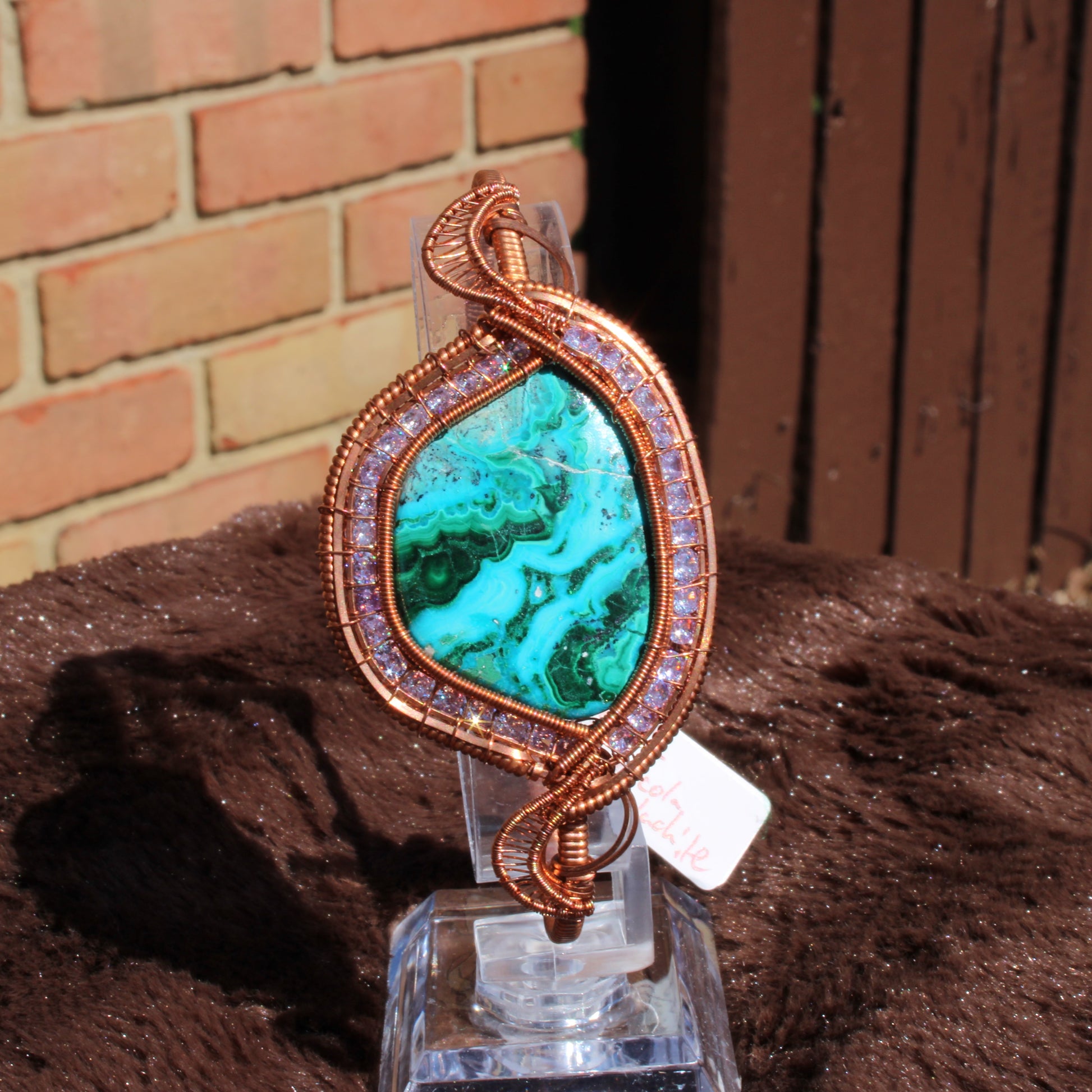 Chrysocolla malachite cz bracelet featuring vibrant stone wrapped in artistic wire design