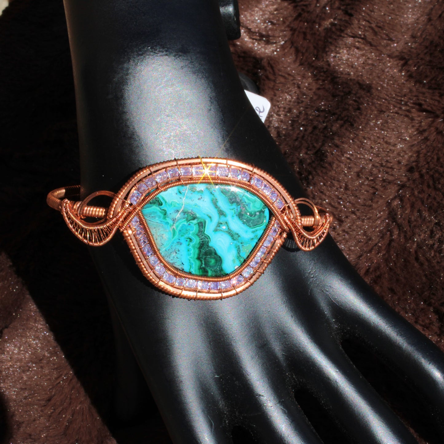 Chrysocolla malachite cz bracelet with intricate wire design and sparkling accents for a bold look