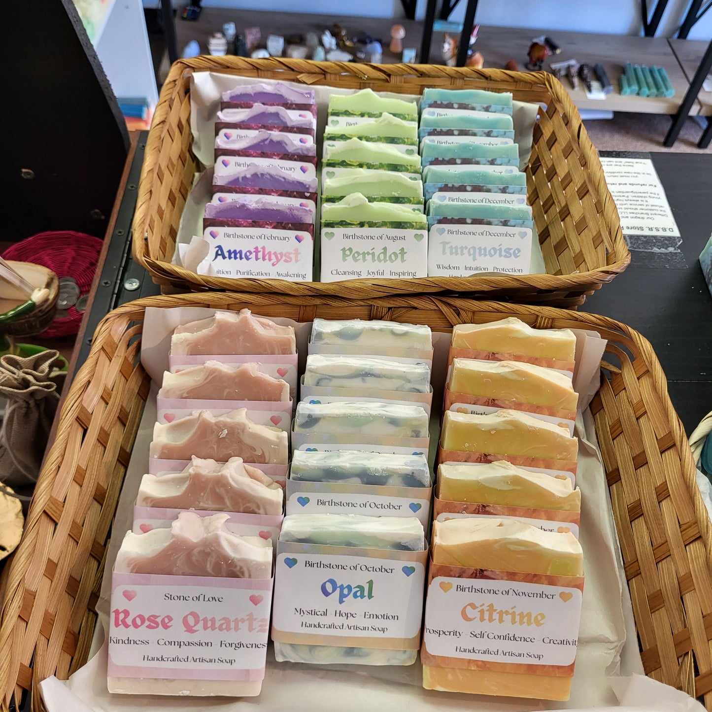 Citrine Crystal Inspired Soap | Sweet Orange and various natural soaps in a display basket