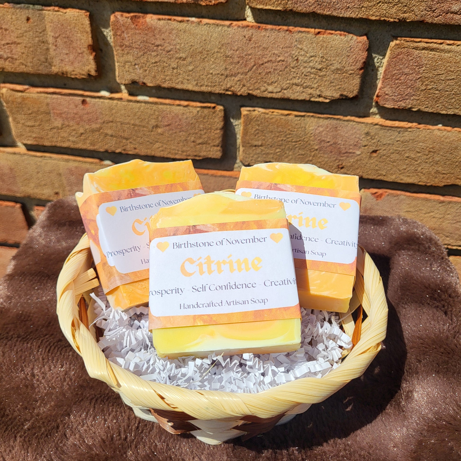 Citrine Crystal Inspired Soap | Sweet Orange in a woven basket with decorative packaging