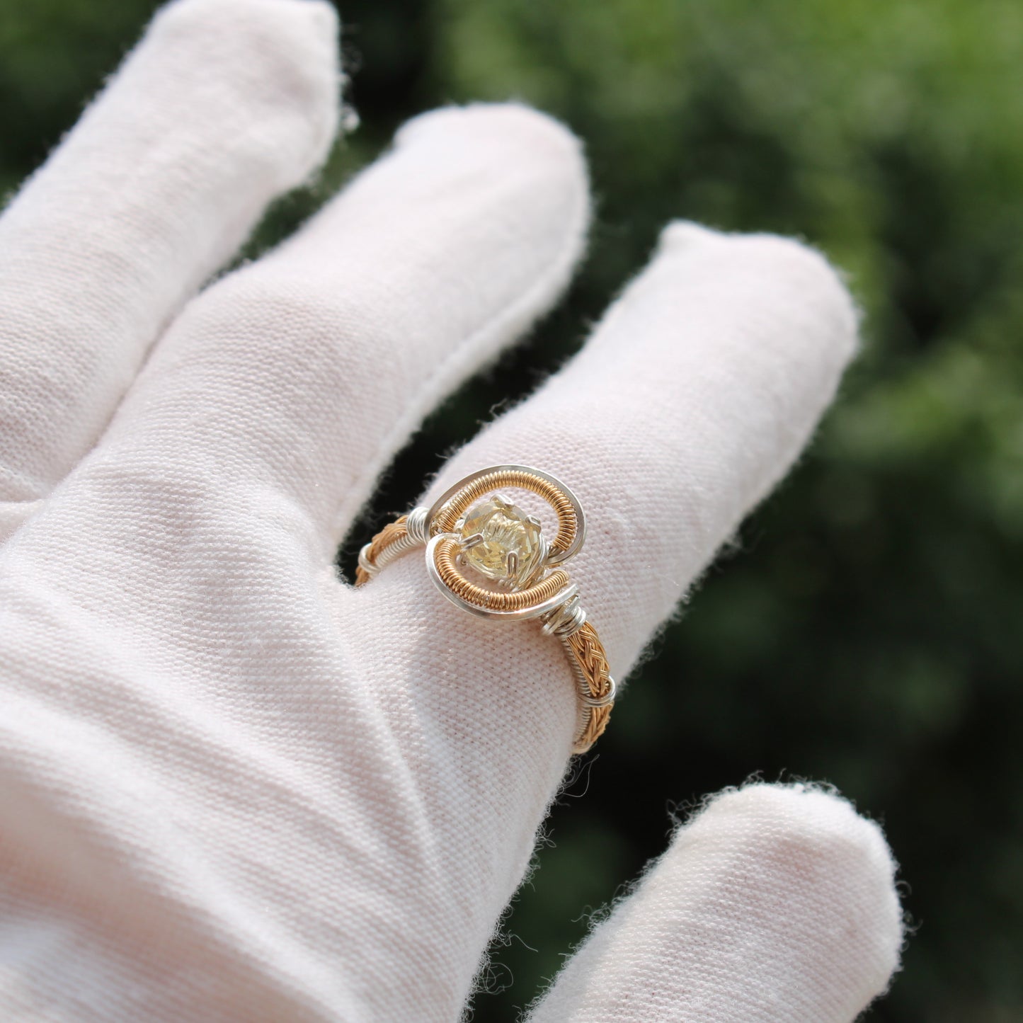 Citrine Sterling Silver Ring displayed on a gloved hand with a delicate design