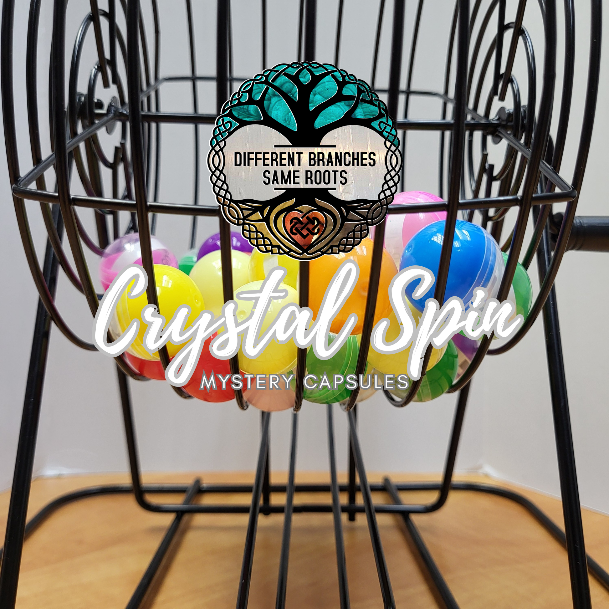 Colorful Crystal Capsule Spin Mystery Eggs in a Black Wire Basket by Different Branches LLC