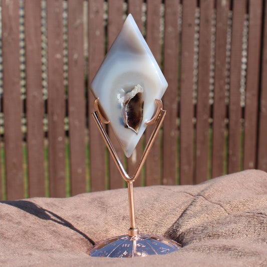 Druzy Agate Diamond Crystal Display on Copper Stand, Showcasing Unique Natural Patterns
