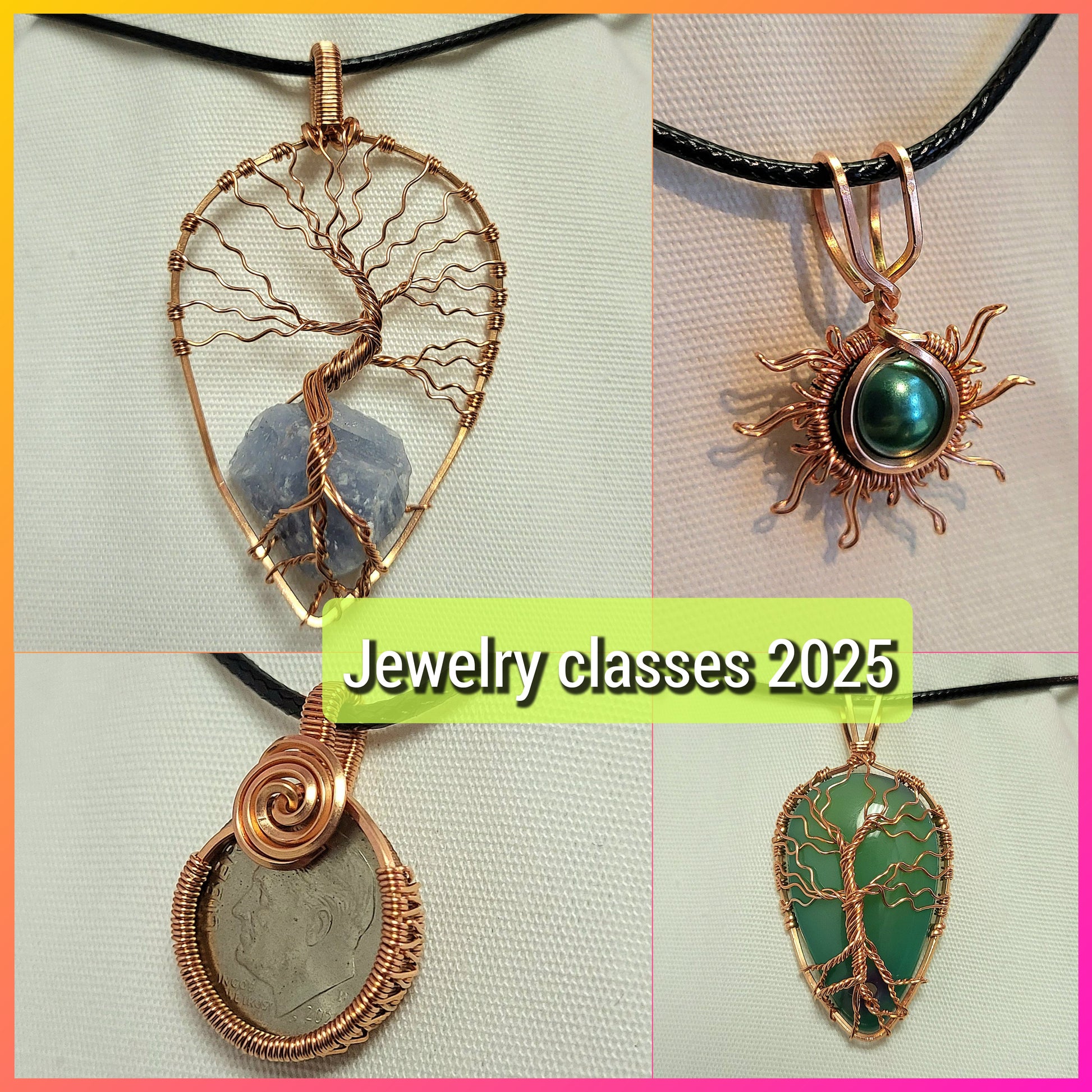 Wire-wrapped jewelry pieces showcasing designs from Jewelry Making Classes Fall 2025