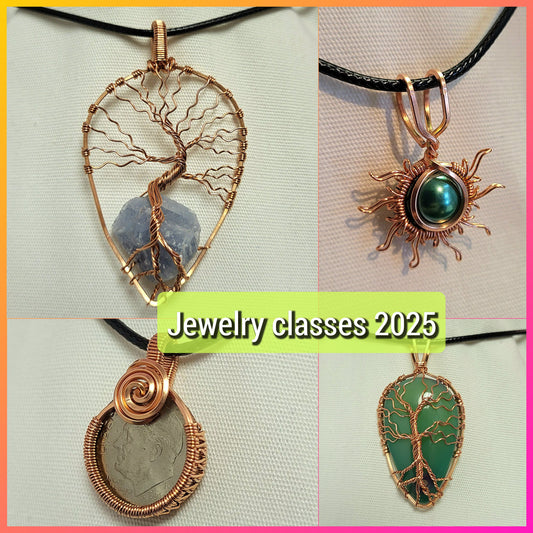 Wire-wrapped jewelry pieces showcasing designs from Jewelry Making Classes Fall 2025