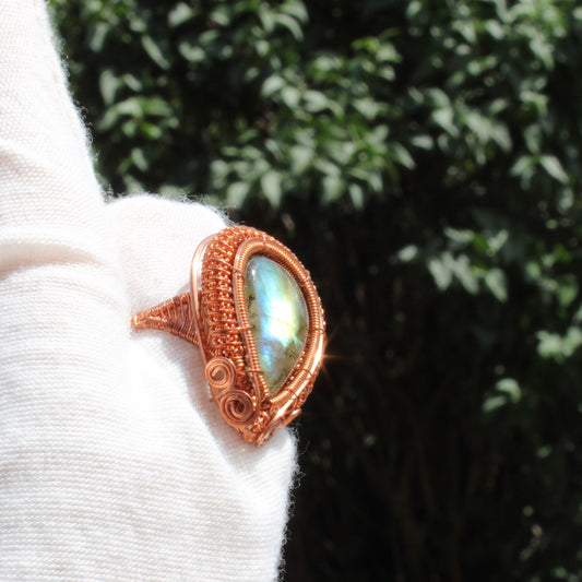 Handcrafted Labradorite Copper ring featuring an iridescent gemstone in intricate wire design