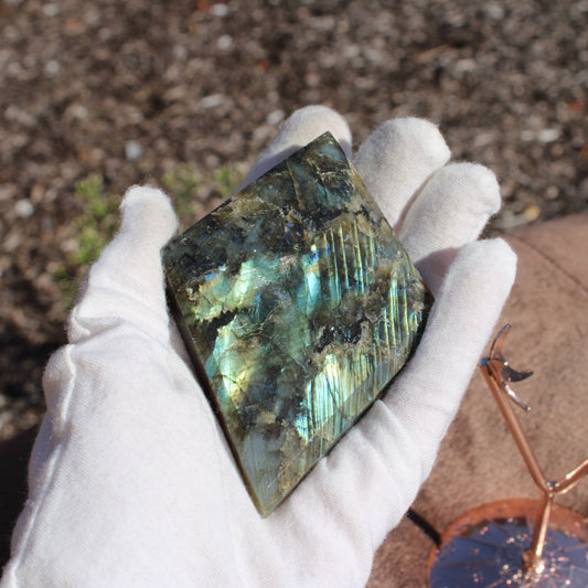 Labradorite Diamond Crystal in Hand with Iridescent Color Play for Decorative Purposes
