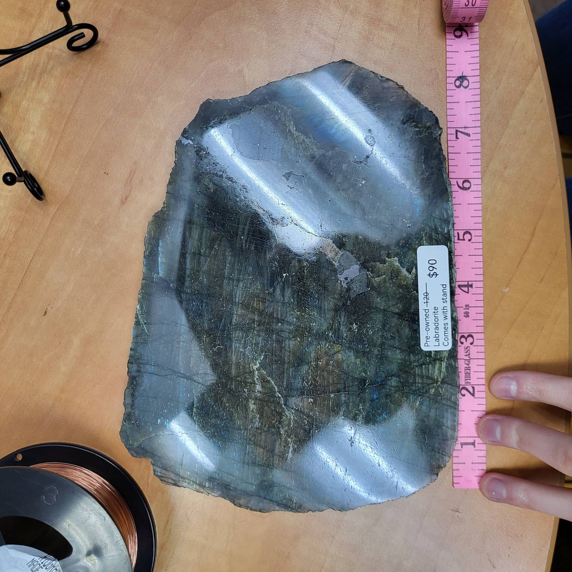 Labradorite Slab with Stand showcasing iridescent colors in a natural crystal gift from Different Branches