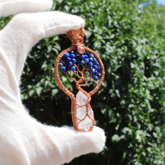 Handcrafted Lapis Lazuli Tree of Life Pendant with Copper Wire and Clear Quartz Gemstone