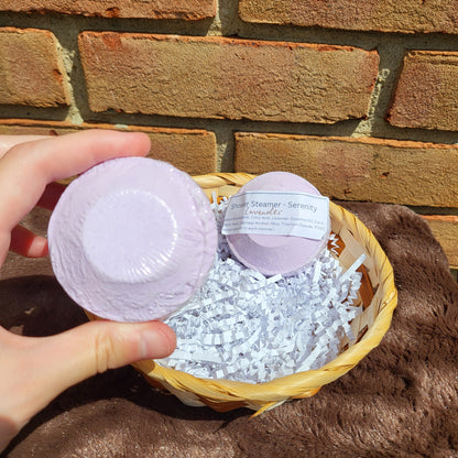 Lavender Shower Steamer from Made Natural in a decorative basket for a calming bathing experience