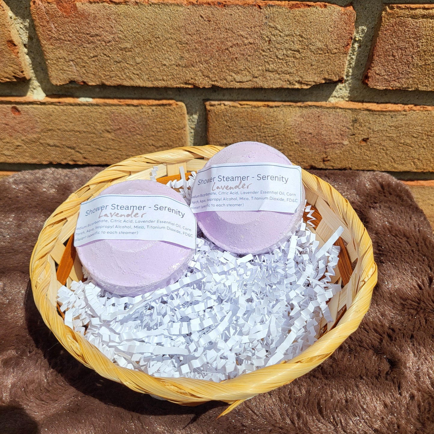 Made Natural Lavender Shower Steamer in a basket, perfect for a calming shower experience