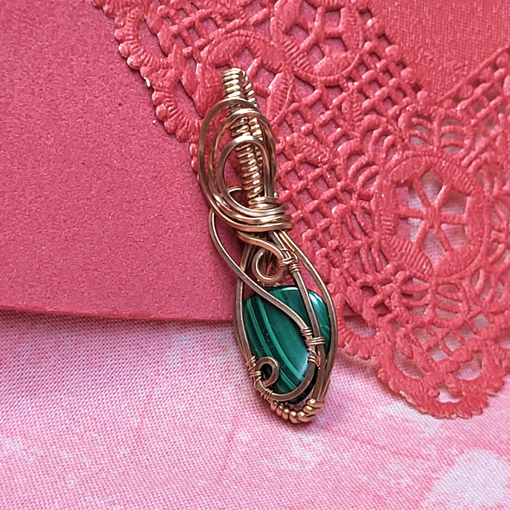 Handcrafted Malachite Wire-Wrapped Pendant with Copper Accents for Unique Jewelry Lovers