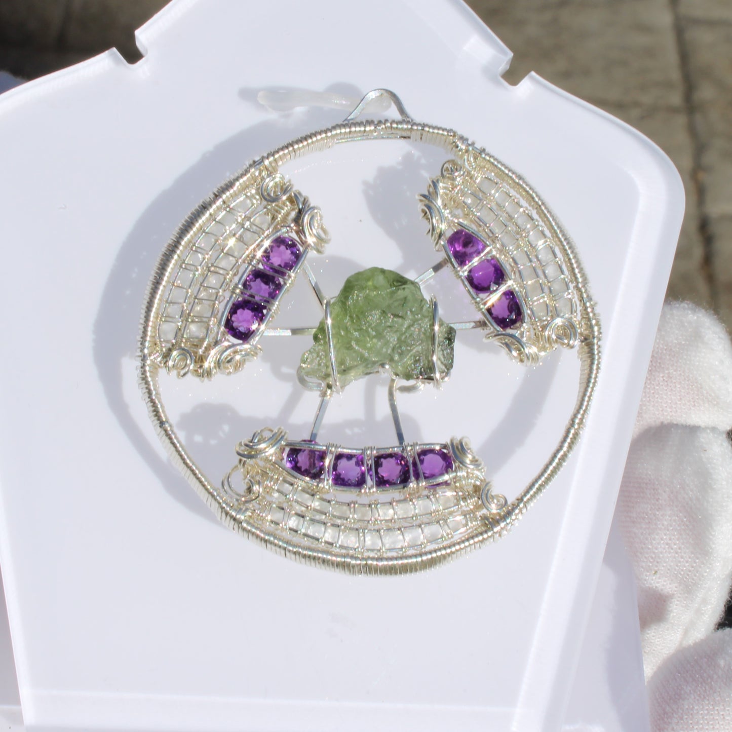 Unique moldavite amethyst moonstone pendant in silver wire with intricate design
