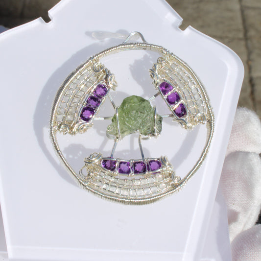 Unique moldavite amethyst moonstone pendant in silver wire with intricate design