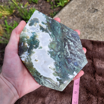 Natural Moss Agate Slab in hand, showcasing beautiful green and white patterns, perfect for gifts.