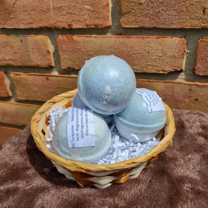 Made Natural Cedarwood, Lavender & Jasmine bath bomb in a basket for a relaxing bath experience
