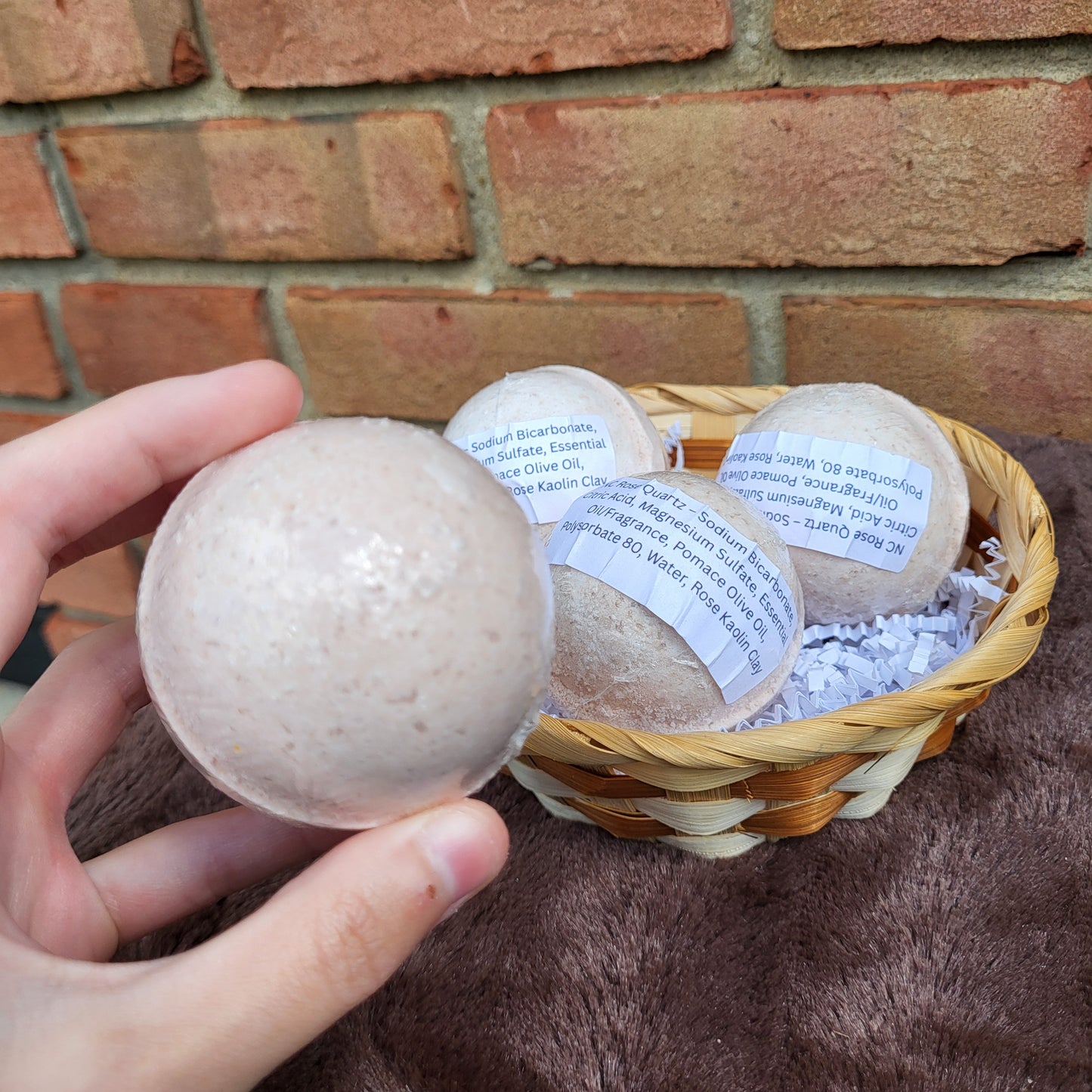 Made Natural Bath Bombs in a basket featuring Natural Color Lavender, Rose Geranium & Vanilla