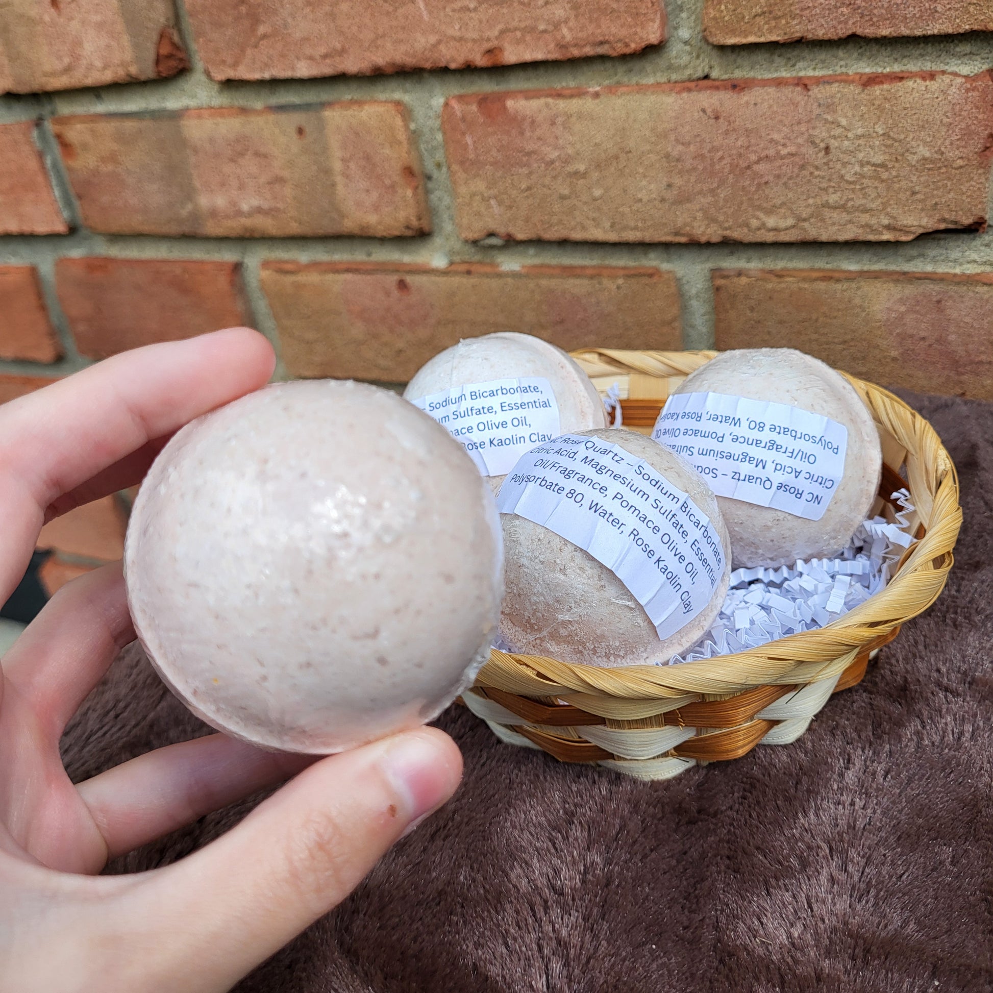 Made Natural Bath Bombs in a basket featuring Natural Color Lavender, Rose Geranium & Vanilla