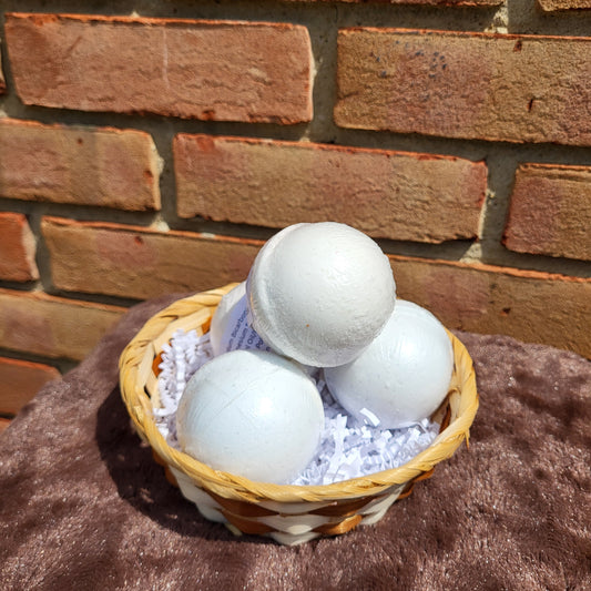 Made Natural Bath Bombs in a basket featuring Natural Color Lavender, Sweet Orange & Clary Sage scents