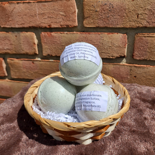 Made Natural Bath Bombs in a basket, featuring Natural Color Lemon, Sweet Orange & Spearmint scent