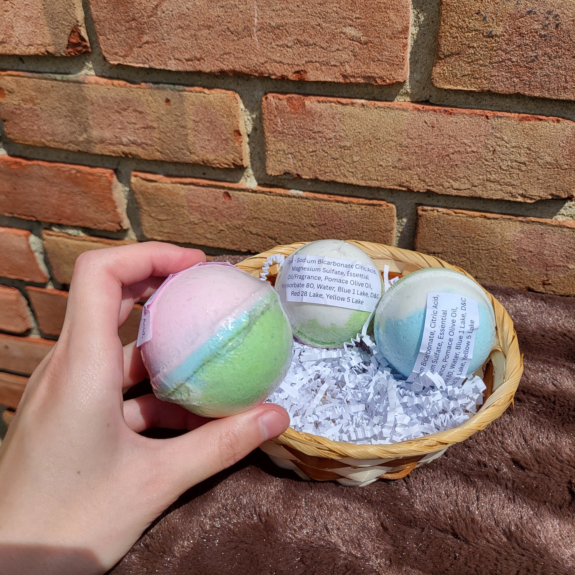 Opal Bath Bombs in a basket with vibrant colors for a relaxing bath experience