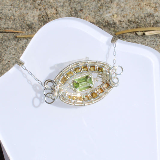 Peridot Sterling Silver yellow tourmaline necklace with intricate design and vibrant gemstones