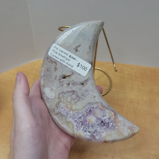 Pre-Owned Pink Amethyst Moon with Stand – Druzy Crescent Display | Sold As Is