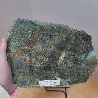 Pre-Owned Labradorite Slab with Stand – Polished Flashy Display Stone | Sold As Is