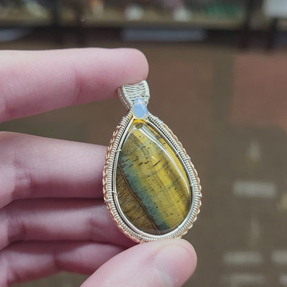 Tiger eye, Ethiopian opal sterling silver pendant