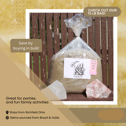 15 lb clear plastic bag of prospecting sand with white and pink crystals displayed Gem mining mystery bags