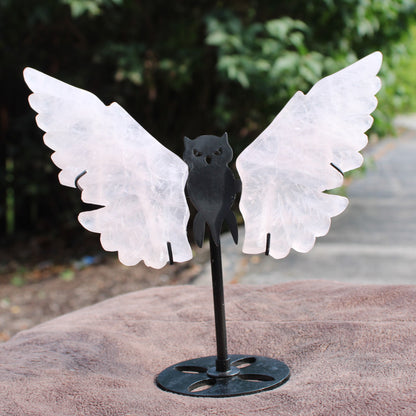 Quartz Owl Wings crystal wings mounted on a black metal owl stand by Different Branches LLC