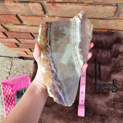 Hand holding a large Rainbow Flourite Slab showcasing vibrant colors and natural patterns