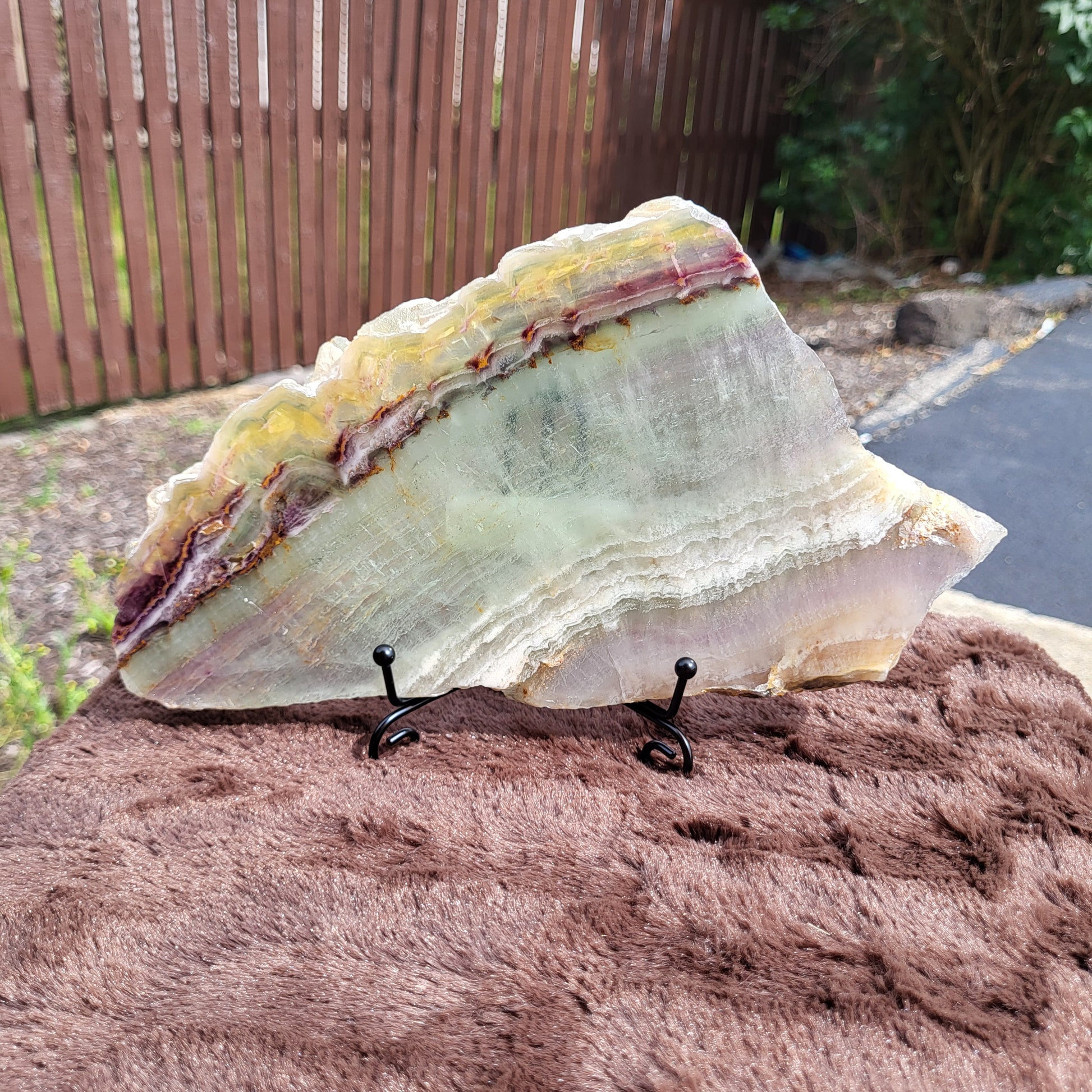 Rainbow Flourite Slab Displayed on a Stand, Showcasing Stunning Multicolored Bands