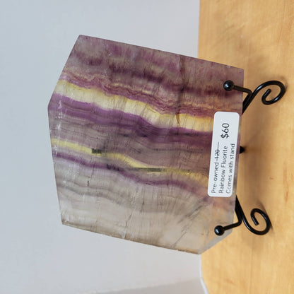 Pre-owned Rainbow Fluorite Slab with Stand featuring vibrant purple and green hues for decor