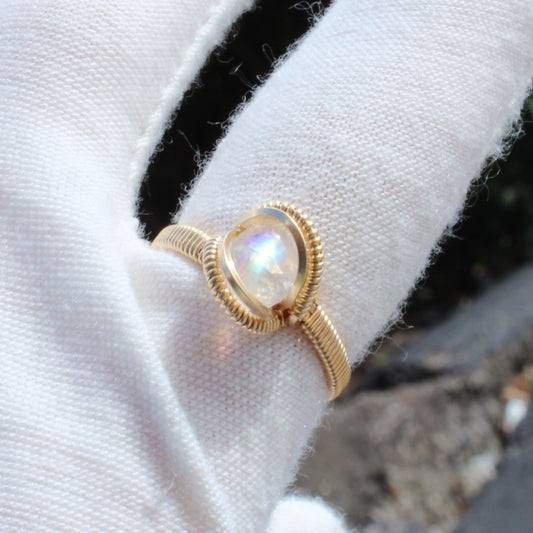 Rainbow Moonstone 14k Gold Fill Ring with a delicate design and shimmering gemstone