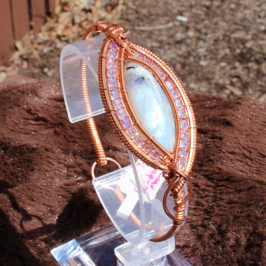 Elegant Rainbow moonstone cz bracelet with intricate wire design and sparkling accents