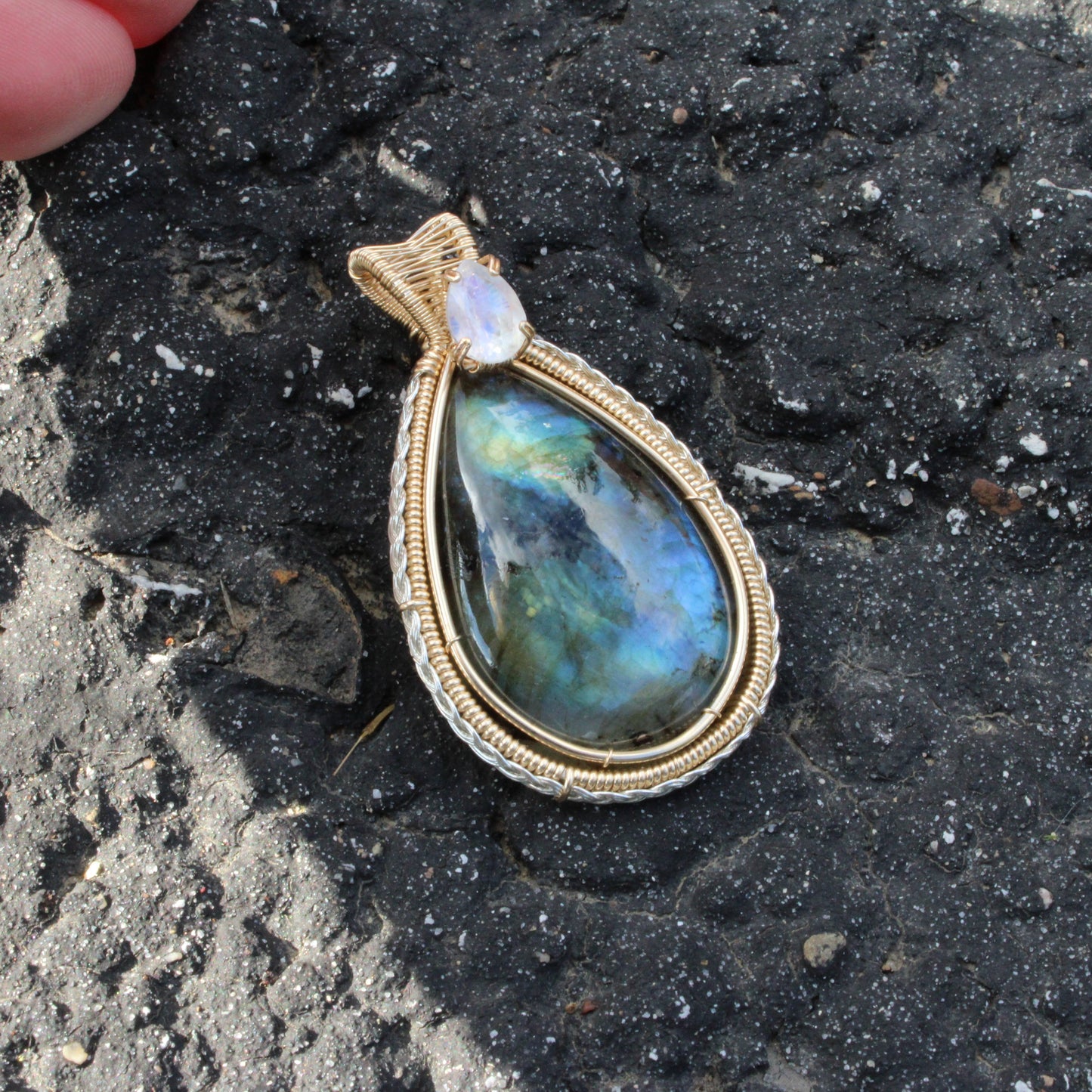 Rainbow Moonstone & Labradorite 14k Gold fill pendant featuring a beautiful teardrop design