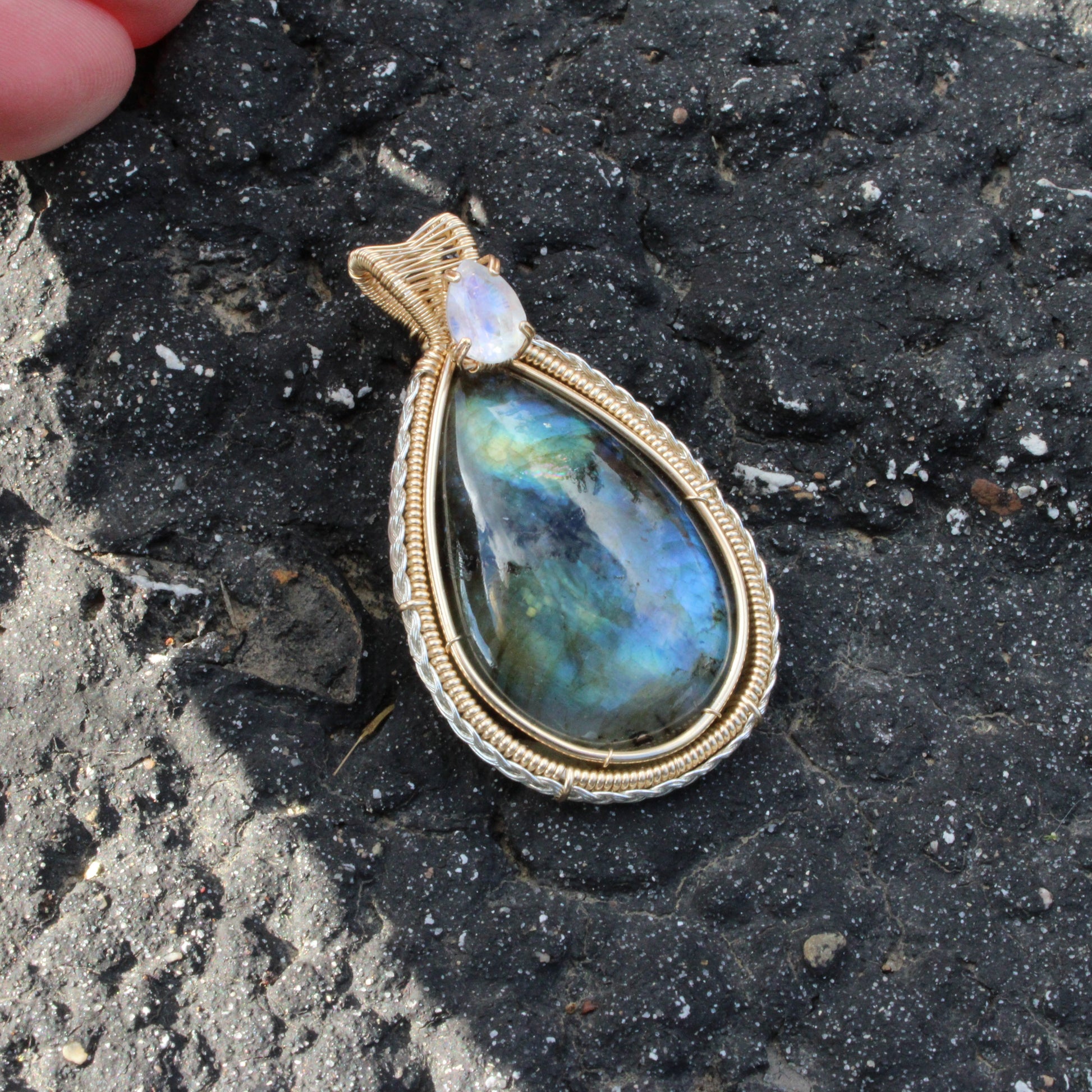 Rainbow Moonstone & Labradorite 14k Gold fill pendant featuring a beautiful teardrop design