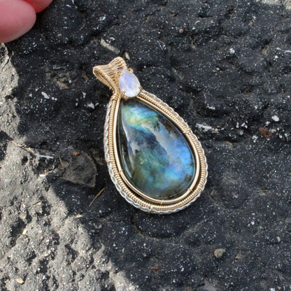 Rainbow Moonstone & Labradorite 14k Gold fill pendant featuring a beautiful teardrop design