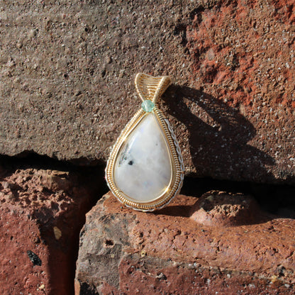 Rainbow moonstone Sterling Silver, 14k Gold Fill pendant featuring a teardrop design with intricate detailing