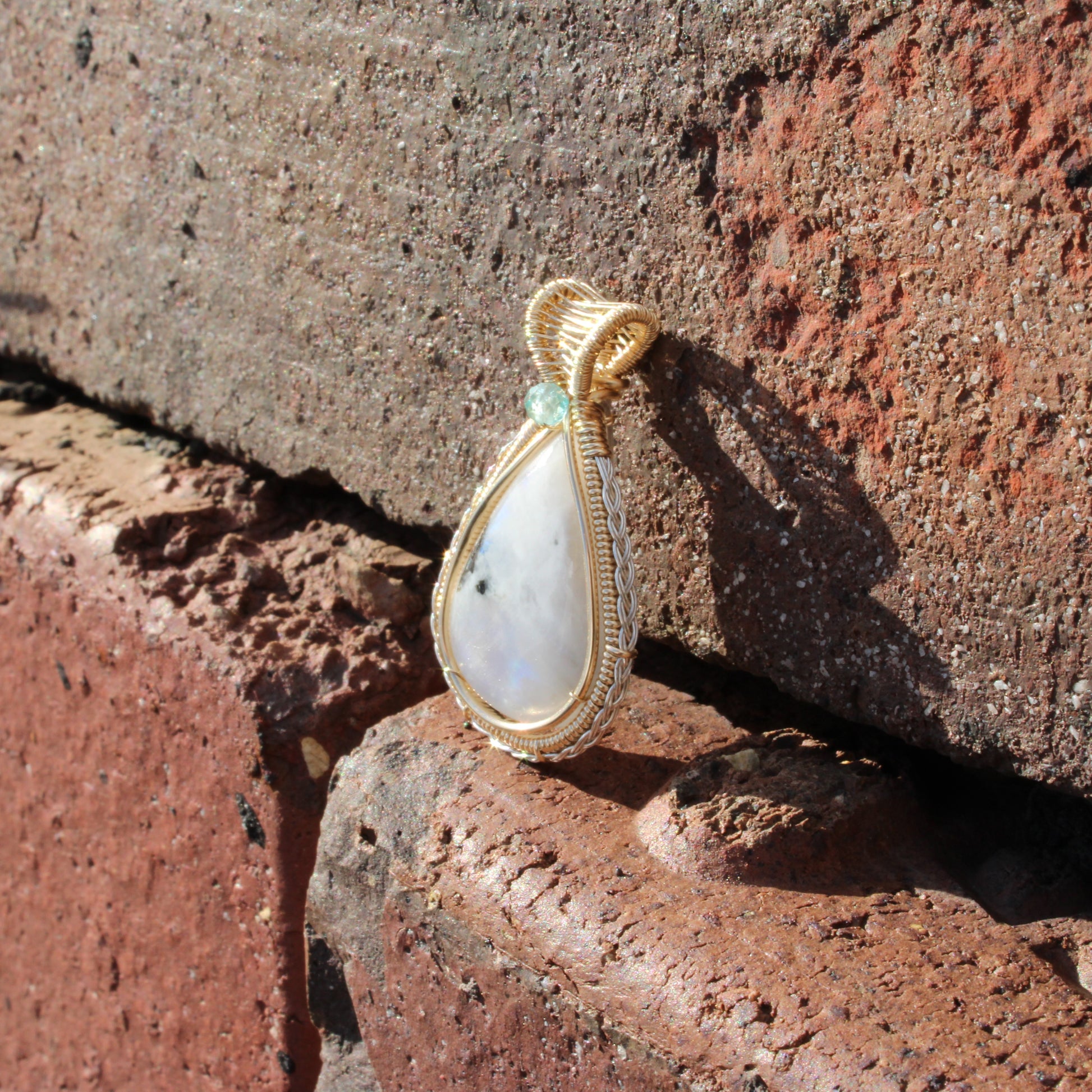 Rainbow moonstone Sterling Silver, 14k Gold Fill pendant beautifully crafted with unique wire wrapping