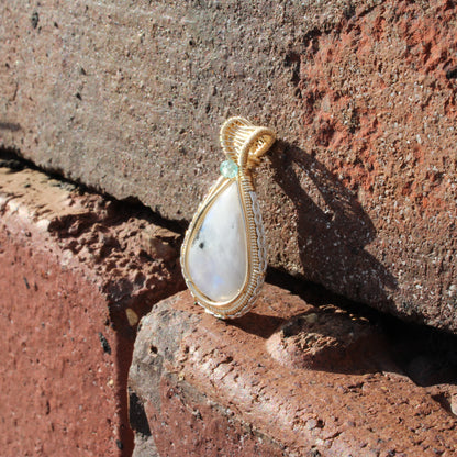 Rainbow moonstone Sterling Silver, 14k Gold Fill pendant beautifully crafted with unique wire wrapping