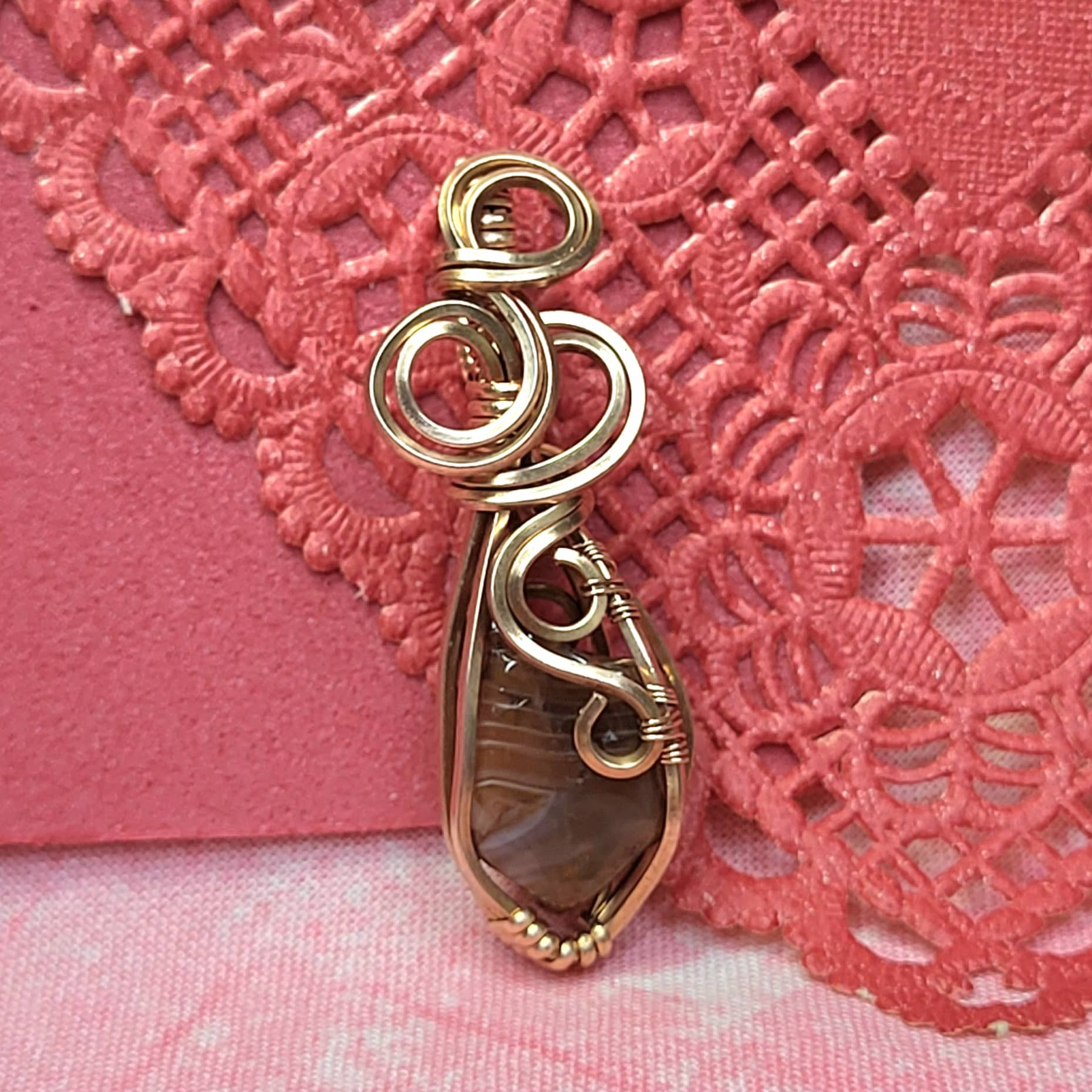 Handcrafted Pendant with Red Agate Stone Wrapped in Elegant Gold Wire Design