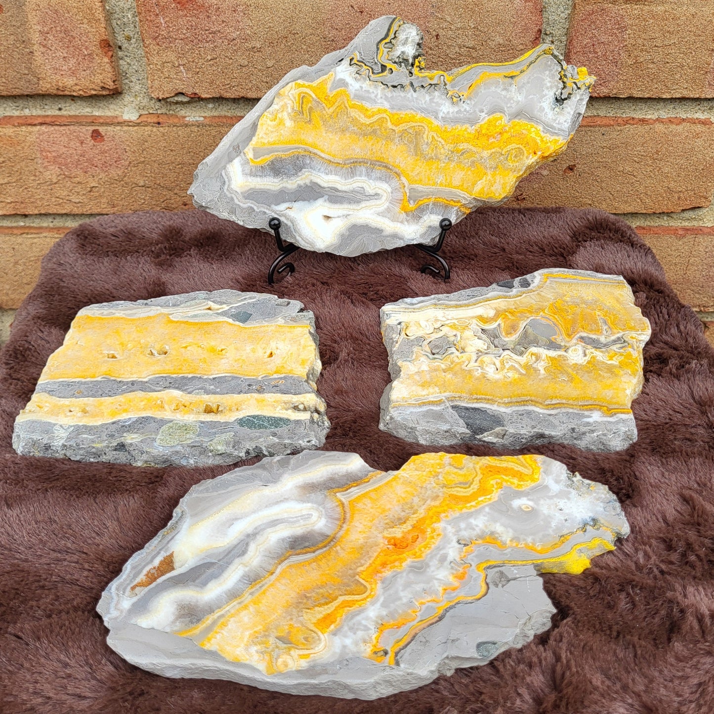 Bumblebee Jasper Slabs in yellow and gray hues displayed on a soft surface with a decorative stand