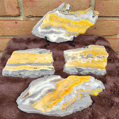Bumblebee Jasper Slabs in yellow and gray hues displayed on a soft surface with a decorative stand