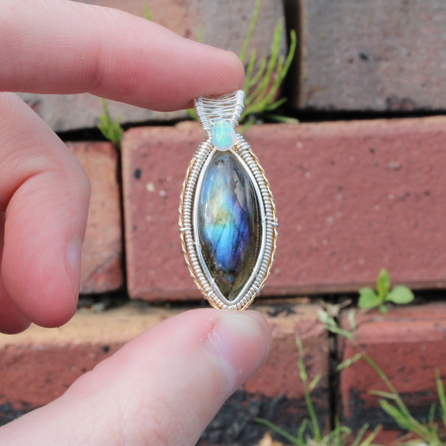Handcrafted Sterling Silver Labradorite Ethiopian Opal Pendant with intricate wire detail