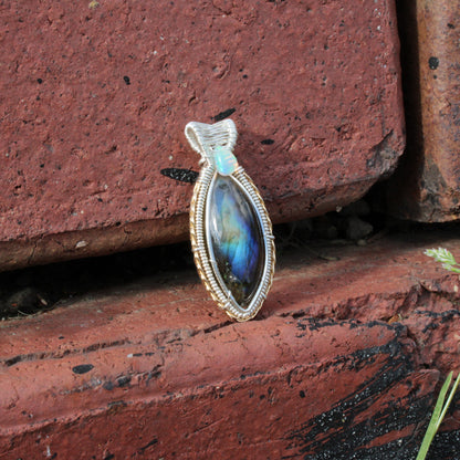 Sterling Silver Labradorite Ethiopian Opal Pendant with Handcrafted Design and Unique Color Play