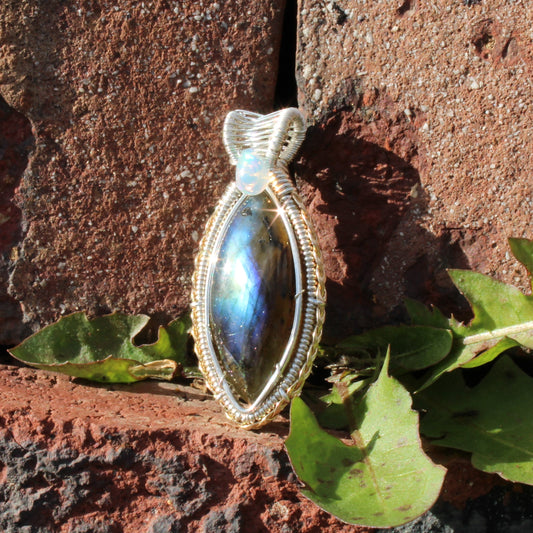 Sterling Silver Labradorite Ethiopian Opal Pendant showcasing a stunning blue and green iridescent design
