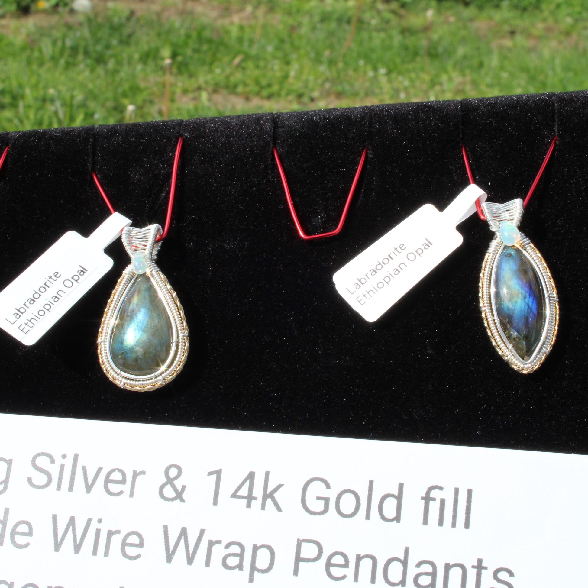 Sterling Silver Labradorite Ethiopian Opal Pendant with intricate wire wrap design, perfect for elegant jewelry collections